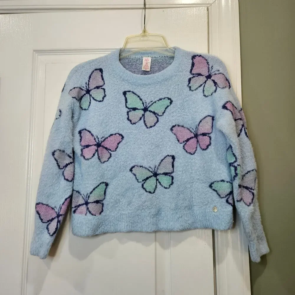 Justice Girl's Medium (10) Crew Neck‎ Butterfly Eyelash Sweater